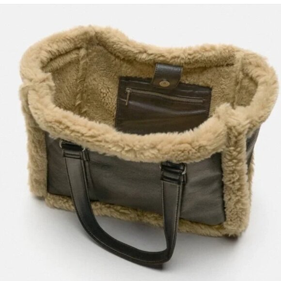ZARA Fleece Tote Bag Brown Shearling - Picture 3 of 7